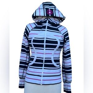 LULULEMON SCUBA HOODIE Sz 4 White Black Pink Striped Hooded Full Zip Yoga Jacket